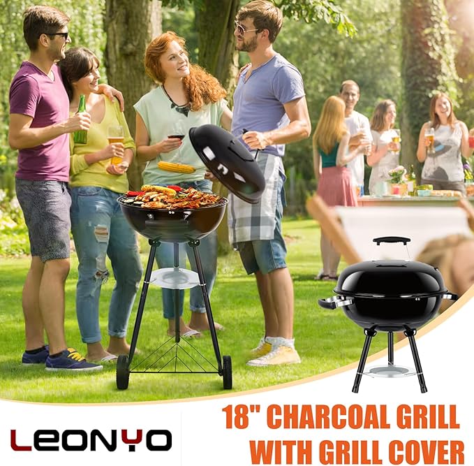 18 Inch Charcoal Grill, Leonyo Portable Barbecue Kettle Grill, Round Smoker with Wheels and Porcelain-Enameled Lid for Outdoor Cooking, Camping, Backyard and Beach, Black