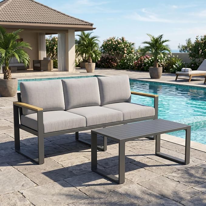 1 Pcs 3-Seat Aluminum Sofa and Coffee Table, Aluminum Patio Patio Conversation Set with Washable Thick Cushion for Balcony, Garden, Deck, Backyard, Gray