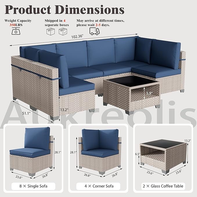 14 Pieces Patio Furniture Set, Outdoor Sectional Wicker Sofa with Thick Cushions and Storage Coffee Table, Rattan Patio Conversation Sets for Deck Yard Poolside, Navy