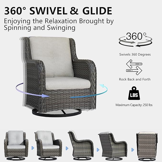 Outdoor Swivel Rocker Patio Chairs Set of 2 - Outdoor Wicker Swivel Glider Chairs 2 Pieces with Olefin Fabric Cushions Suitable for Backyard Deck and Porch(Mixed Grey/Beige)