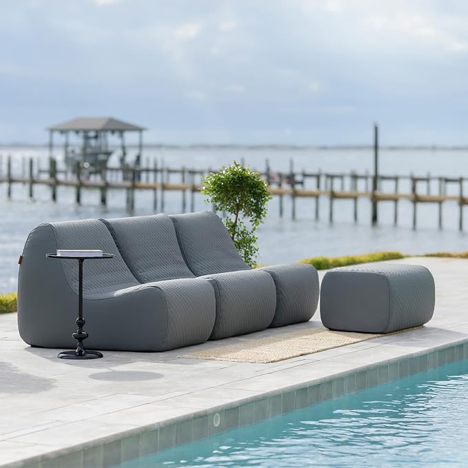 Big Joe Solvana Outdoor Sectional, 4 Piece Patio Furniture Set, Weather-Resistant Cool Touch Silicone Stitched Leather Sofa, Moonlit Gray