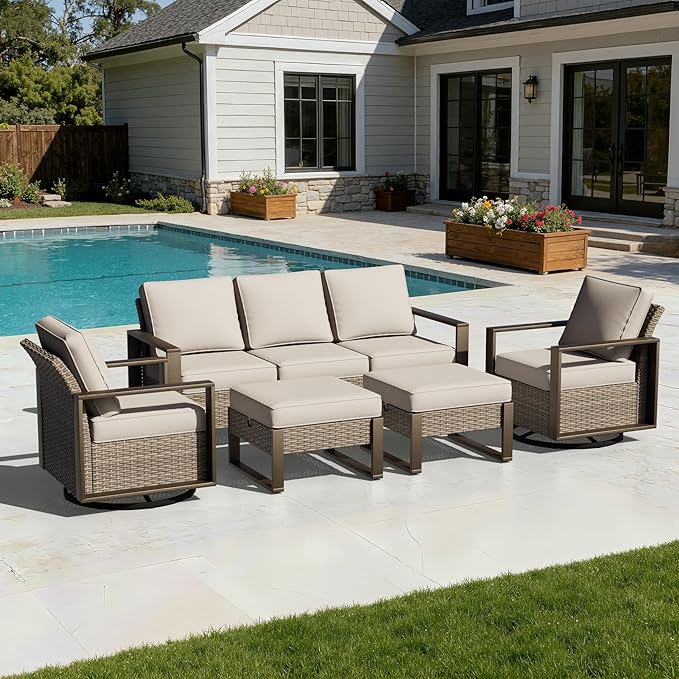 Outdoor Patio Swivel Rocker Chairs, 5 Pieces Wicker Furniture Set, 2 Swivel Rocking Chairs, 1 Sofa and 2 Ottoman, Metal Wide Armrest, Thick Cushions and Deep Seating for Garden, Backyard, Porch, Deck