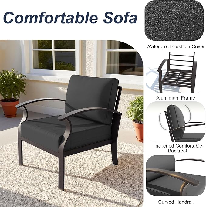 ALAULM Aluminum Patio Furniture Set with Round Coffee Tables, 5-seat Outdoor Sectional Furniture w/5.1" Cushions, Patio Conversation Set for Porch, Backyard, Poolside-Black