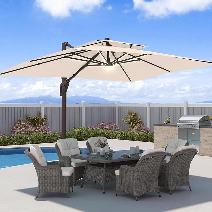 10x13 FT Patio Umbrella with LED Lights Cantilever Outdoor Large Heavy Duty Rectangle Aluminum Offset Umbrellas Double Top 360 Rotation 7 Tilt Adjustment for Pool Deck Garden, Beige