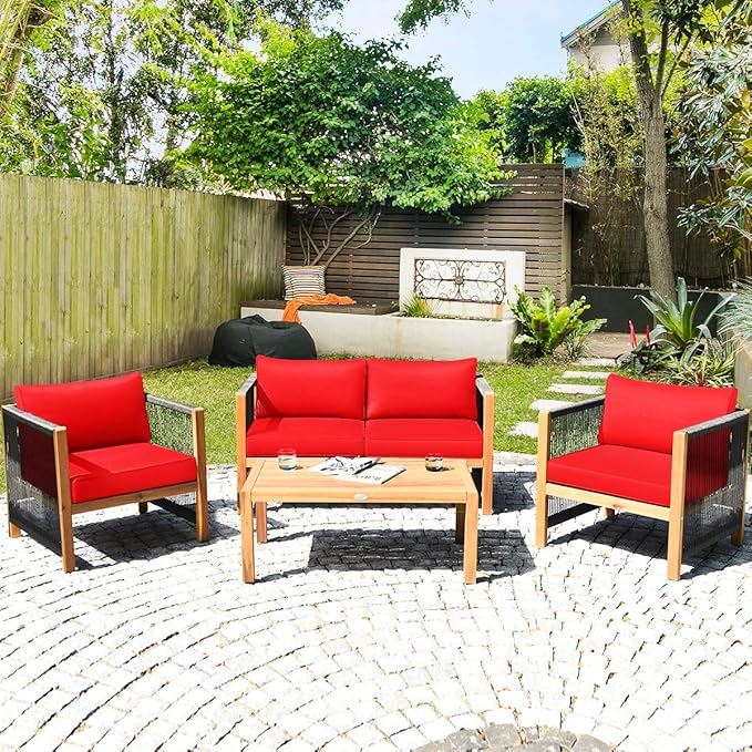 Tangkula Outdoor Wood Furniture Set, Acacia Wood Frame Loveseat Sofa, 2 Single Chairs and Coffee Table, 4 Pieces Conversation Set with Cushions, Garden Balcony Poolside Outdoor Living Set (1, Red)
