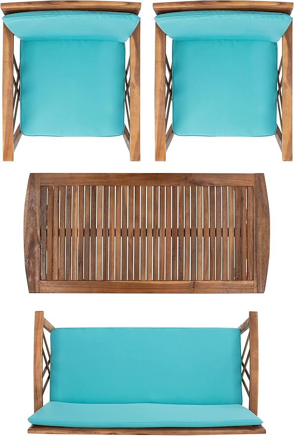 SAFAVIEH Outdoor Collection Fontana Natural/Aqua Cushion 4-Piece Conversation Patio Set