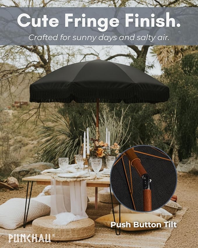 6 Ft Fringe Patio Umbrella - Outdoor Umbrella for Patio, Pool, Table, Garden, Deck, Beach, and Outdoors - Fashionable Boho Vintage Tassels & Wood Print - Push Button Tilt Pole