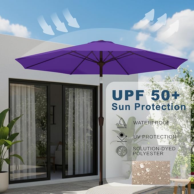 9ft Patio Umbrella with Push Button Tilt and Crank,Outdoor Market Table Umbrella UV Protection 8 Sturdy Ribs for Backyard,Garden,Pool,Deck(Dark Purple)