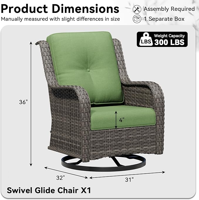 Outdoor Swivel Rocker Patio Chair - Outdoor Wicker Patio Furniture with Thickened Olefin Cushions, High Back and Deep Seating, Hand-Woven PE Rattan for Porch, Deck, Balcony, Green