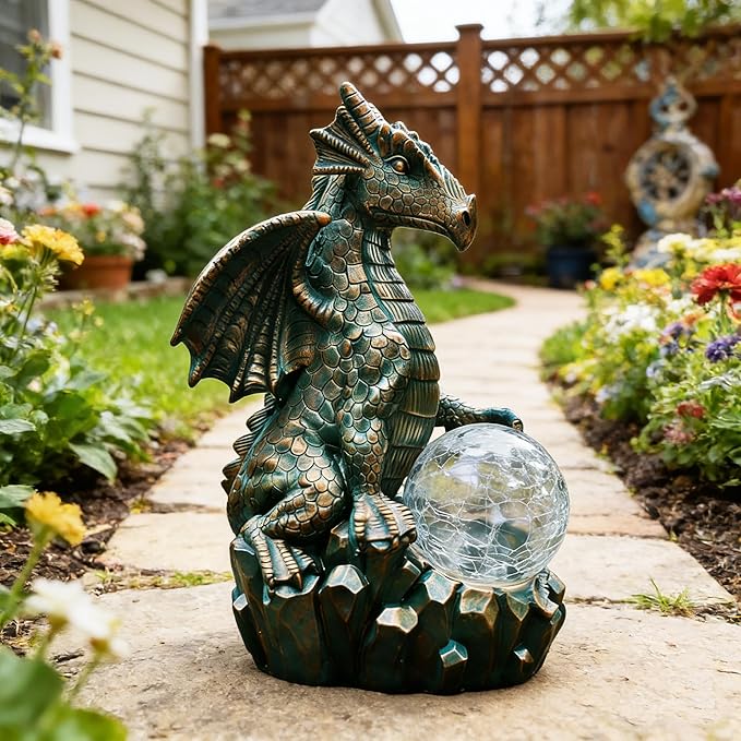 JOYBEE Dragon Solar Garden Statues Outdoor Decoration with Magic Orb,Dragon Figurine Solar LED Lights Lawn Décor,Outside Statue Ornament for Patio, Balcony, Yard,Unique Gifts for Mom Grandma