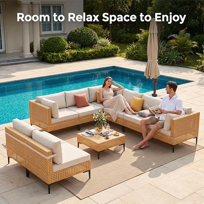 ABCASA 9-Piece Patio Sectional Furniture Set, 110" Wicker Outdoor Patio Furniture Sets with Anti-Slip Cushions & Coffee Table,Boho Patio Conversation Set Sectional for Backyard,Porch,Deck,Beige