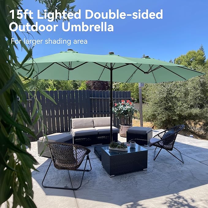 PHI VILLA 15ft Large Patio Umbrella with Solar Lights, Double-Sided Outdoor Market Rectangle Umbrellas with 36 LED Lights, Umbrella Base (Stand) Included, Mint Green