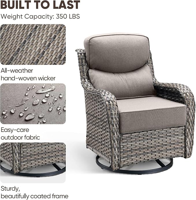 Luxury Patio Furniture Set 10pcs with 6-inch Thick Cushion, Outdoor Furniture with Fire Pit Table, Swivel Chairs, Sofa, Side Table, Ottomans, Patio Set for Deck Yard Grey Wicker | Grey Cushions