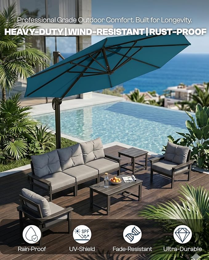 11 FT Round Cantilever Umbrella,Easy Tilt, Fade Resistant & 360° Rotation, Offset for Pool Deck Backyard Patiolake blue (Base not Included)