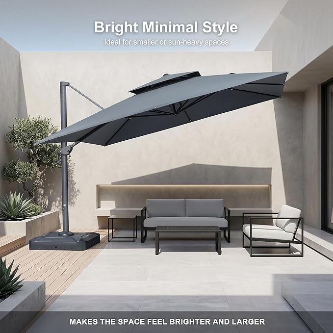 PURPLE LEAF 10 FT Cantilever Umbrella Outdoor Patio Umbrella, Large Offset Square Umbrella, Windproof Heavy Duty Hanging Outside for Patio, Mist Grey