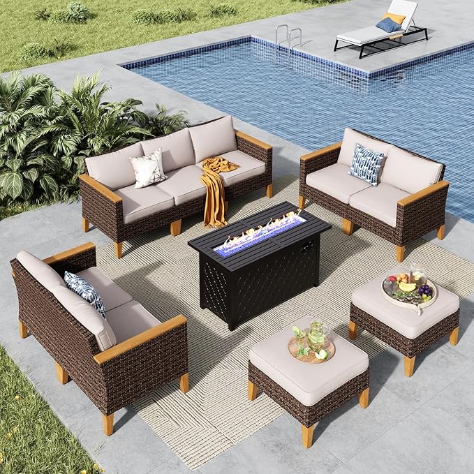 MFSTUDIO 9 Piece Wicker Patio Furniture Set with Fire Pit Table, 2 x Loveseat Sofa, 2 x Ottoman, 3-Seat Sofa, All-Weather Outdoor PE Rattan Patio Conversation Set for Garden, Backyard(Beige Cushions)