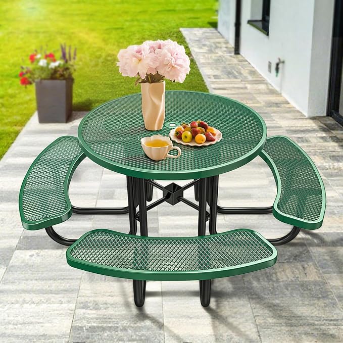 46IN Round Outdoor Picnic Table with Attached Seats, Heavy-Duty Metal Expanded Mesh Patio Table, 1600LBS Load Capacity Commercial-Grade Table for Park, Backyard, Deck, Green