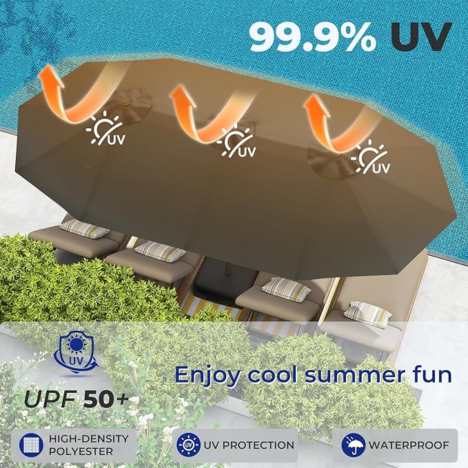 BRIOPAWS 15-FT-Large-Patio-Umbrella-with-Base | Double-Sided | Outdoor Table Umbrellas | w/Crank Handle | 12 Sturdy Fiberglass Rib | UV-Protection | for Garden Deck Backyard Pool | Charcoal Gray