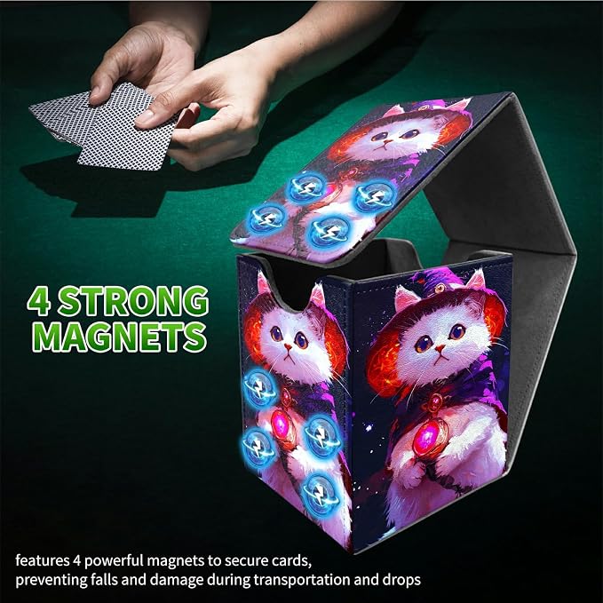 Deck Box for MTG, Cards Storage Box Fits 120+ Sleeved, Leather Medium Size Strong Magnetic Closing Card Case for Board Games Magic TCG CCG Baseball Collection, Purple White Cat