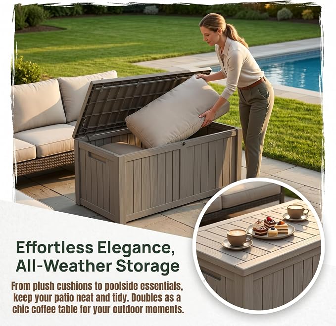 151 Gallon Large Resin Outdoor Storage Box, Waterproof Deck Box, Lockable Deck Container with Reinforced Support, Outdoor Chest for Patio Accessories, Outdoor Cushions, Garden Tools, Taupe Gray