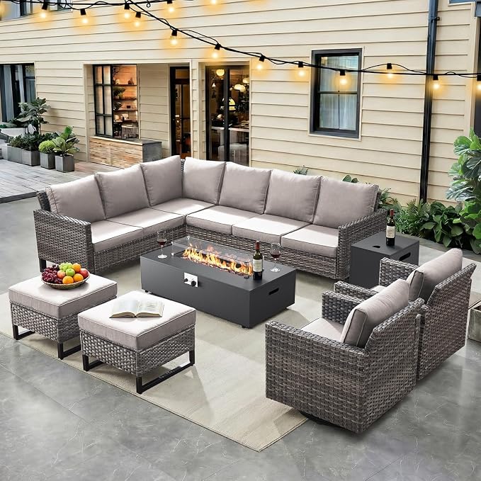 HUMMUH 9 Piece Patio Furniture Set,Outdoor Sectional Sofa Couch & Swivel Rocker Chairs,Propane Firepit with Hidden Fuel Tank,Outdoor Conversation Set for Porch,Garden,Backyard