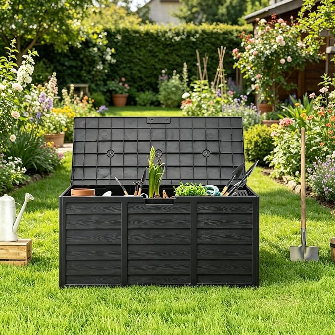 75 Gallon Waterproof Outdoor Deck Box with Wheels, Lockable Resin Patio Storage Container for Cushions, Garden Tools, Pool Accessories and Outdoor Supplies, Black