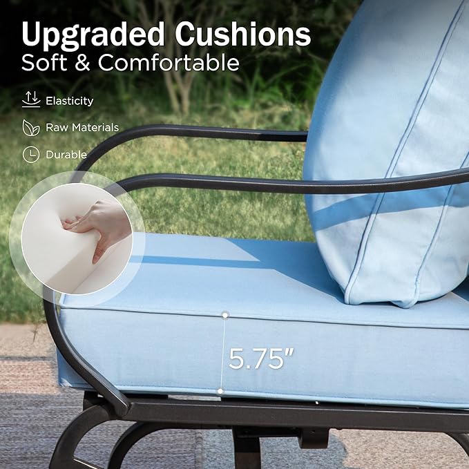 PHI VILLA Patio Furniture with 1 x 45 Metal FirePit Table, 1 x 3-Seat Wide Deep Seating Bench, 2 x Swivel Sofa Chairs & 2 Ottomans, 5.75" Thick Cushioned Outdoor Conversation Set for 5, Light Blue