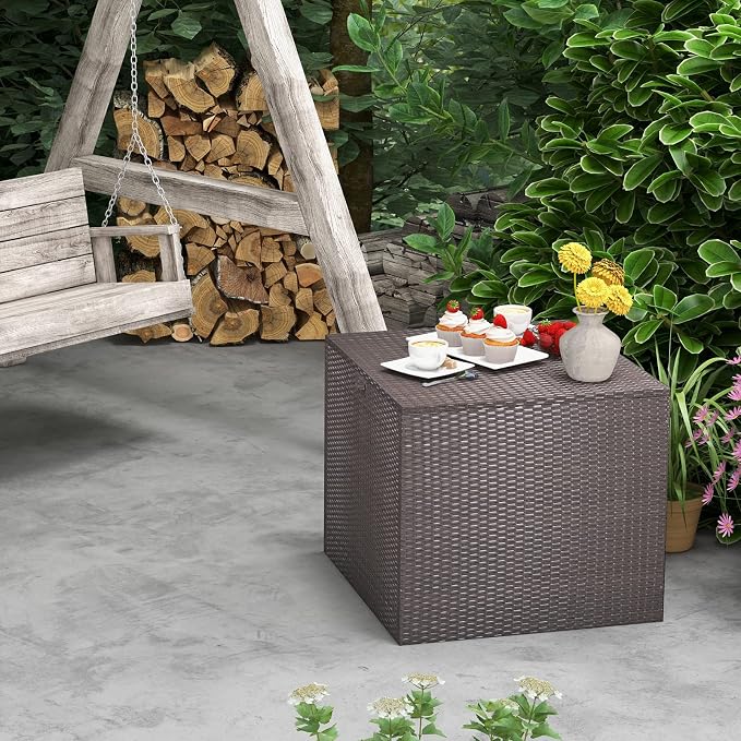 Outdoor Storage Box, 72 Gallon Deck Box Wicker Storage Box with Water-resistant Liner, Built-in Handle & Aluminum Feet, Outside Storage Container for Pillows, Cushions, Garden Tools