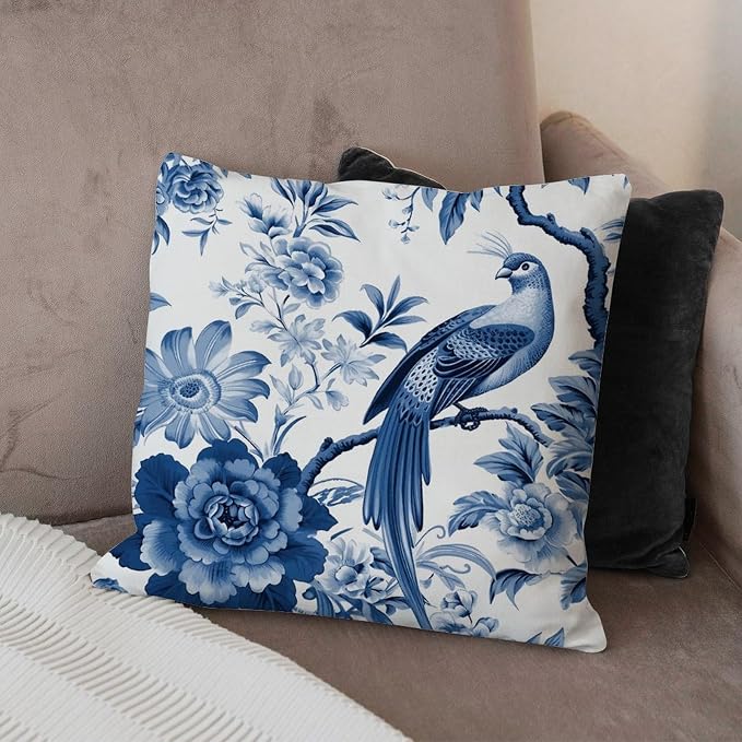 Throw Pillow Covers Blue Indigo Floral Chinoiserie Cushion Cover Modern Asian Navy Lotus Bird Pillow Cover Accent Square Couch Sofa Cushion Covers for Bedroom Sofa Bench Porch 18x18 in