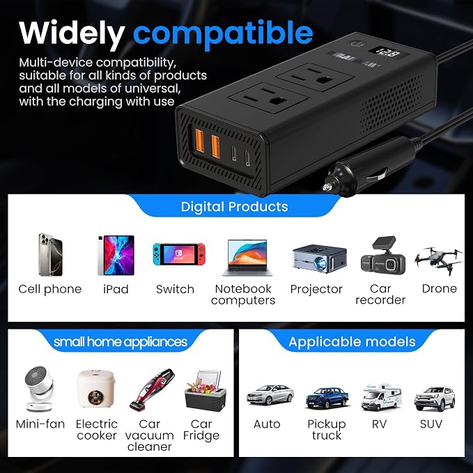 300W Car Voltage Converter Inverter DC 12V to AC 110V Ports Fast Charging Car Charger with Cigarette Lighter Plug with 2 Sockets and 4 USB for Business Trips and Vacation