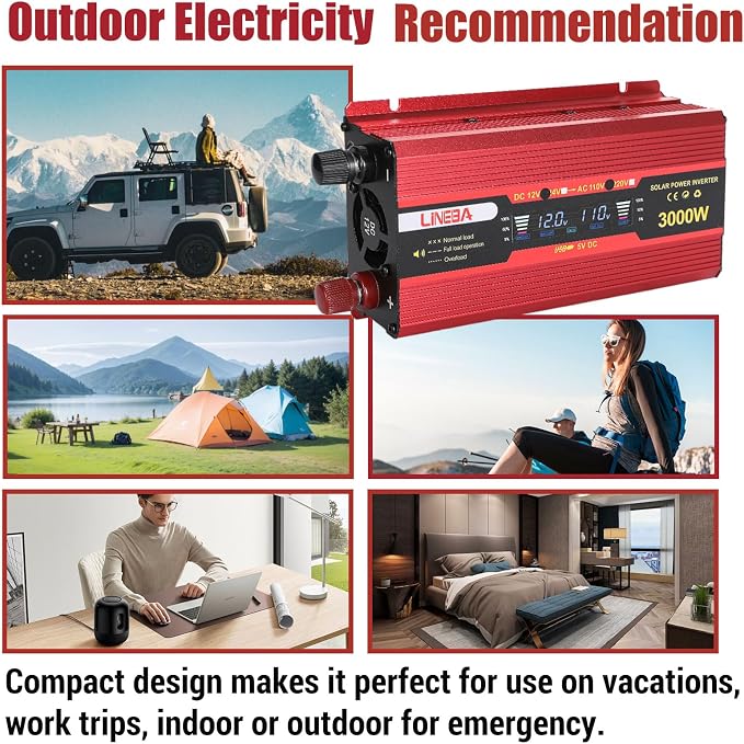 3000 Watt Power Inverter with LED Display,Dual AC Outlets,USB Port, 24V DC to 110V AC Converter Car Power Inverter for Vehicles, Car, RV, Truck, Off Grid Solar System, Outdoor Camping