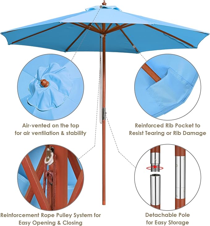 Yescom 9ft Coastal Solid Wood Umbrella Pulley Lift Commercial Base with Wheel Included for Seaside Restaurant Terrace Poolside Beach Club
