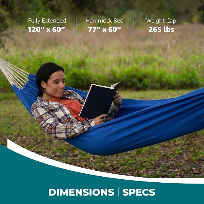 Bliss Hammocks 60" W Double Outdoor Hammock with Hand-Woven Rope Loops & Tree Straps, Patio, Durable, Cotton/Polyester, 265 Lbs Capacity, Dark Blue