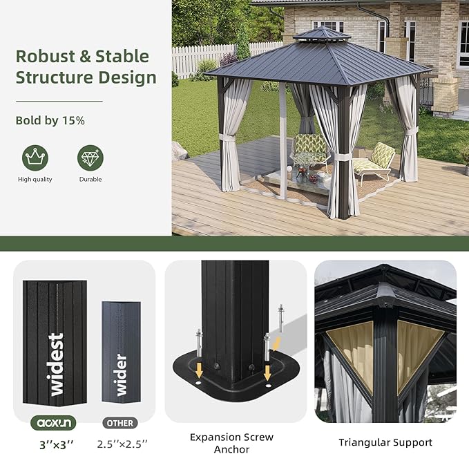 Aoxun 10’x10’ Hardtop Gazebo, Permanent Metal Pavilion with Galvanized Steel Double Roof, Outdoor Pergola with Nettings and Curtains for Lawn, Garden, Patio (Gray)