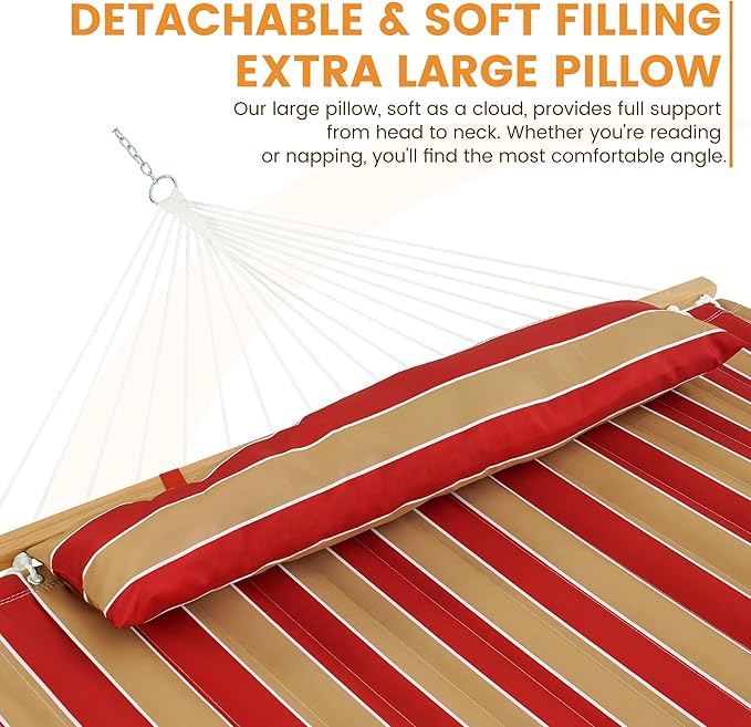 Lazy Daze Hammocks Hammock Quilted Fabric with Pillow for Two Person Double Size Spreader Bar Heavy Duty Stylish, Red & Tan Stripe