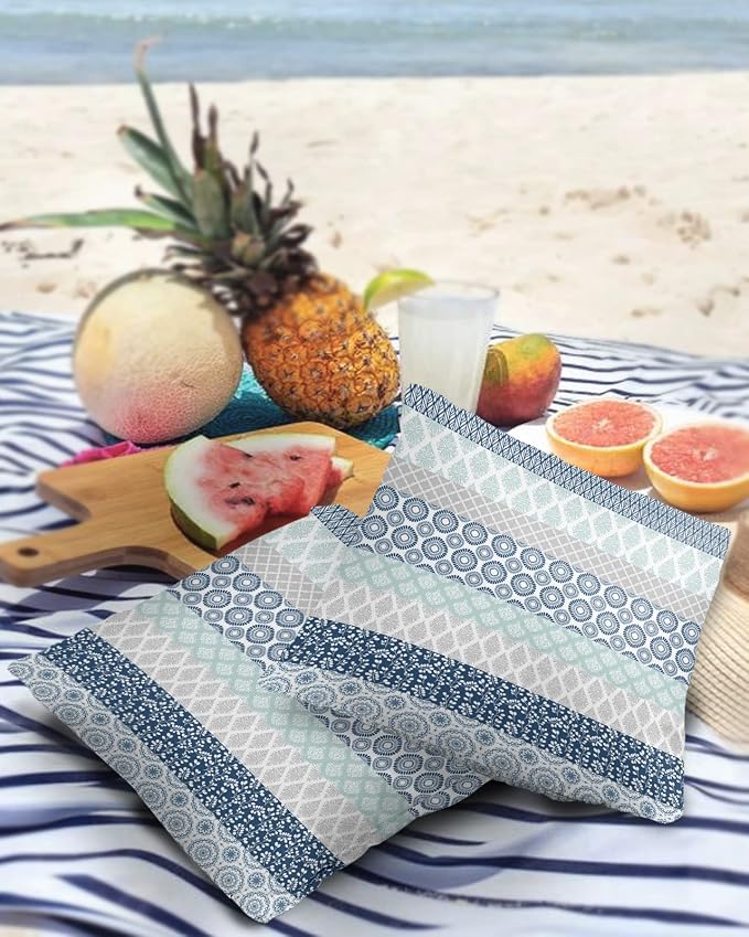 Outdoor Waterproof Throw Pillow Covers Set of 2 Blue Boho Stripe Tribal Vingtage Lumbar Pillowcases 26x26 Inches Bohemian Style Decorative Pillows Cushion Case Patio Pillows for Couch Bed Garden