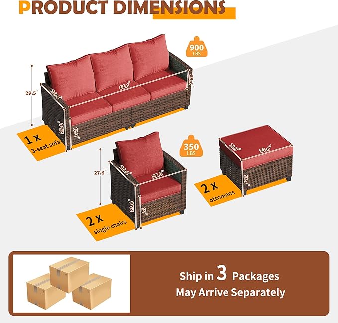 UDPATIO Patio Conversation Set, 5 Pieces Outdoor Furniture Set, All-Weather Wicker Rattan High Back Outdoor Sectional Sofa Set with Ottoman for Poolside, Backyard, Brown Wicker Wine Red Cushions