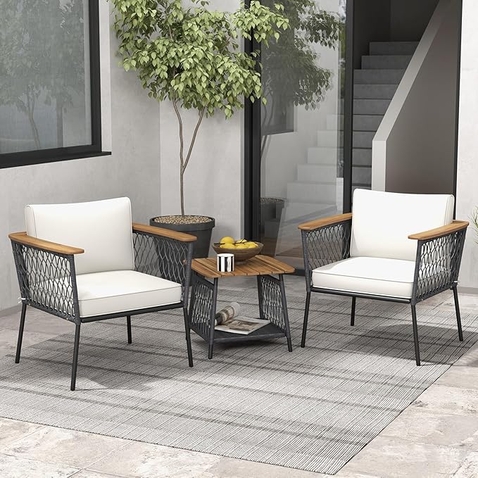 Tangkula 3 Piece Patio Furniture Set, Rattan Chair Set w/ 2-Tier Coffee Table, Acacia Wood Armrests & Tabletop, Soft Seat & Back Cushions, Outdoor Wicker Conversation Set (Off White+Grey)