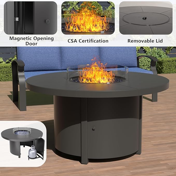 ALAULM Aluminum Patio Furniture Set with Round Propane Fire Pit Table 9-seat Metal Outdoor Furniture w/Swivel Chairs & 2 Ottomans Patio Sectional Sofas for Porch, Lawn, Poolside（DarkBlue