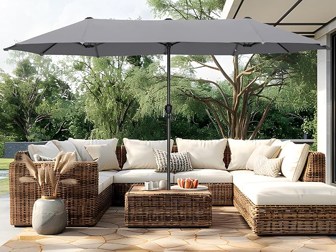 PHI VILLA 13ft Large Patio Umbrellas, Double-Sided Outdoor Market Rectangle Umbrella for Outside, Light Gray