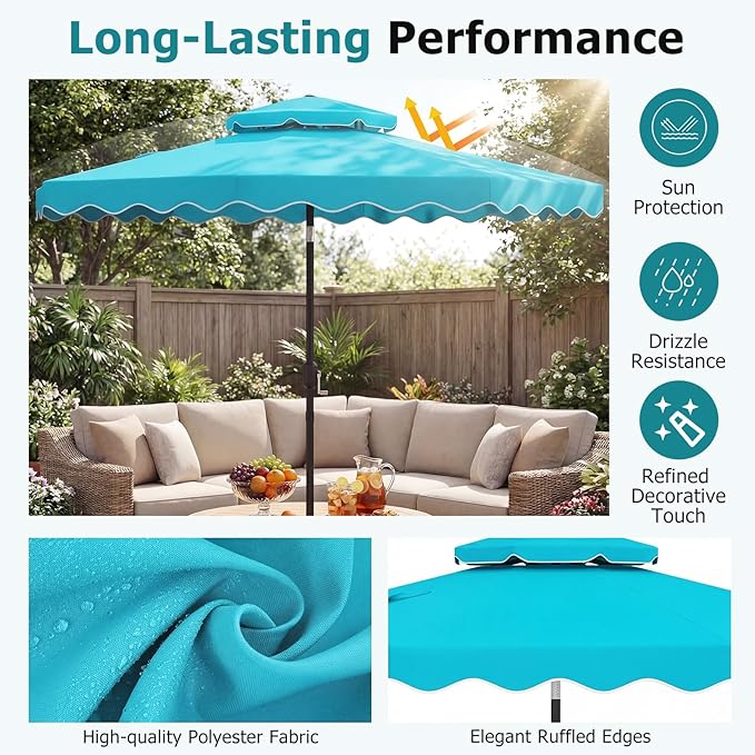 Happygrill 9 FT Patio Umbrella, Scalloped Outdoor Table Market Umbrella with Push Button Tilt & Crank, 2-Tier Vented Top, Heavy-Duty 8 Metal Ribs, Sun-Protective Canopy, Ruffle for Deck Pool Garden (Turquoise)