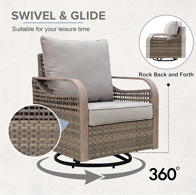 COOS BAY Modern Wicker Outdoor Furniture Set, 8 Piece Patio Conversation Set with 2 Swivel Rockers, 2 Patio Chairs, a 3 Seat Couch, a Loveseat, Coffee Table and Side Table, 8 Piece, Brown/Gray