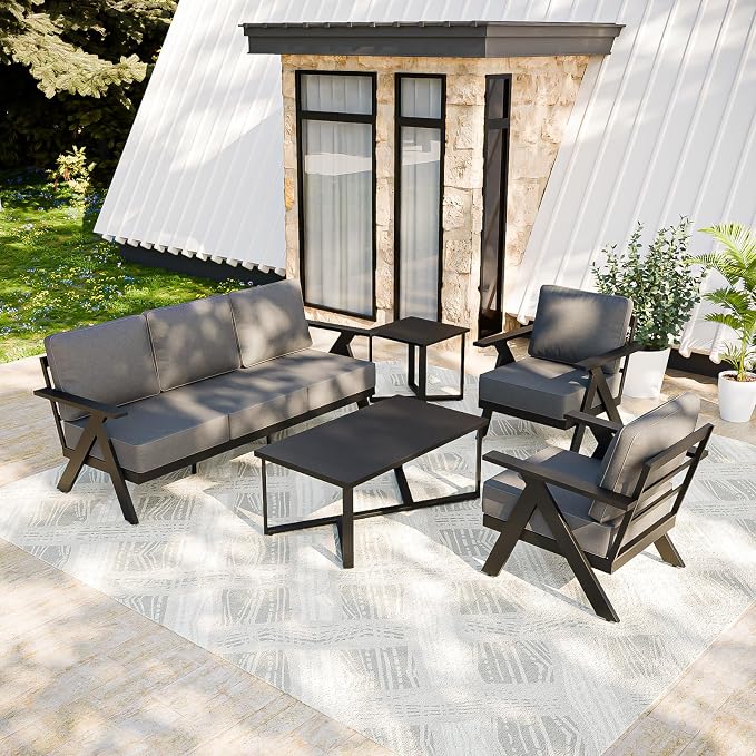 COOS BAY Iron Luxe 5 Piece Outdoor Patio Furniture Set, Modern Patio Conversation Set with 2 Patio Chairs, a 3 Seat Couch, Coffee Table & Side Table for Deck, Garden, Porch, Black/Gray