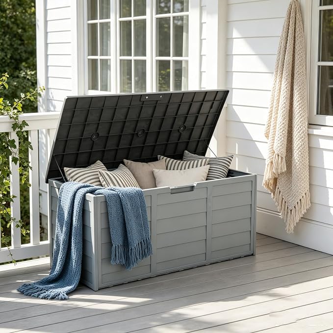 75 Gallon Waterproof Outdoor Deck Box with Wheels, Lockable Resin Patio Storage Container for Cushions, Garden Tools, Pool Accessories and Outdoor Supplies, Grey