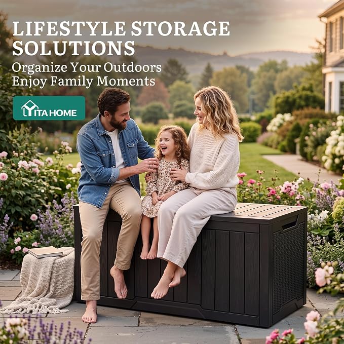 YITAHOME 100 Gallon Outdoor Storage Box, Large Water Resistant Resin Deck Box, Indoor Outdoor Lockable Storage Container for Patio, Garden, Cushions, Tools, Equipment (Black)