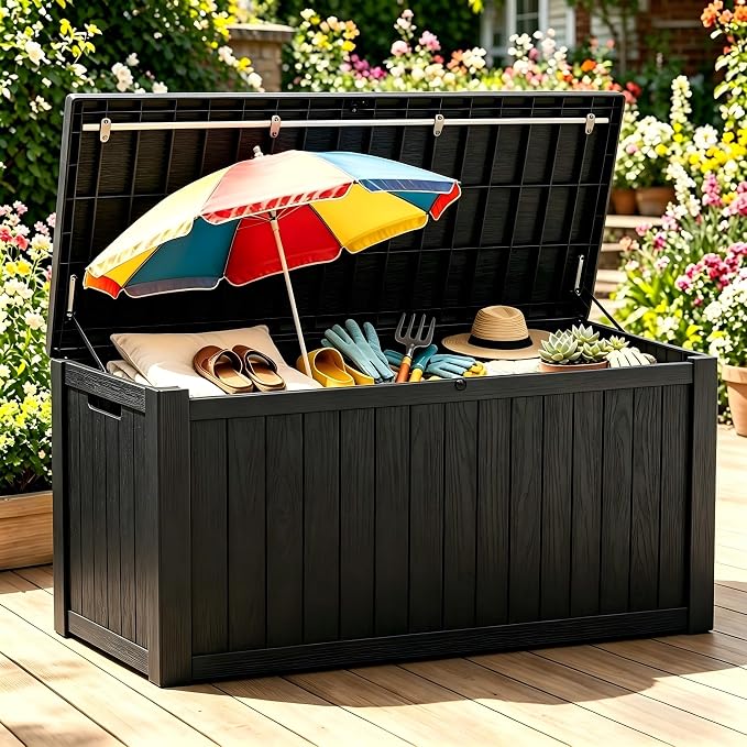 270 Gallon Extra Large Deck Box Outdoor, Resin Storage Box Outdoor Waterproof, Lockable Garden Storage Bench, Holds Patio Furniture, Pool Supplies & Equipment, Hydraulic Rod, UV-Proof, Black