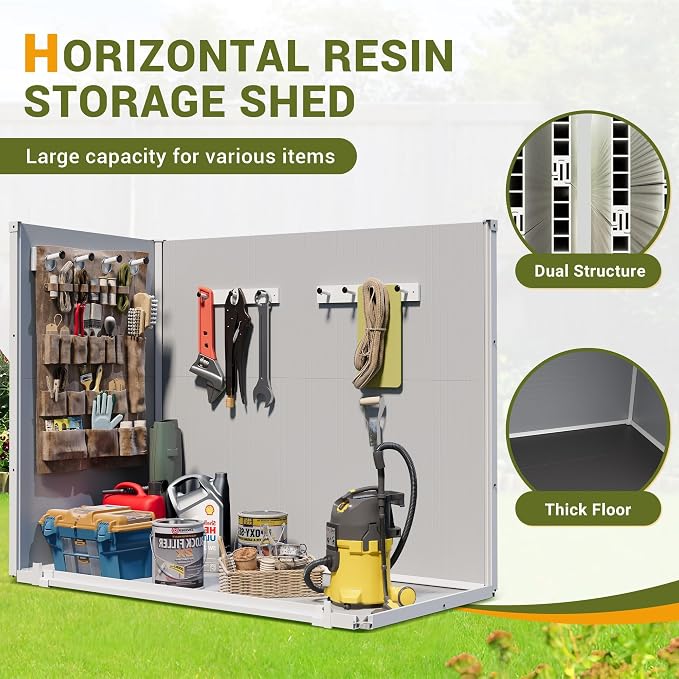 Storage Shed Outdoor Resin Shed Plastic Garden Shed with Floor Waterproof Horizontal Storage Deck Box Outside Storage Container with Lockable Door for Patio