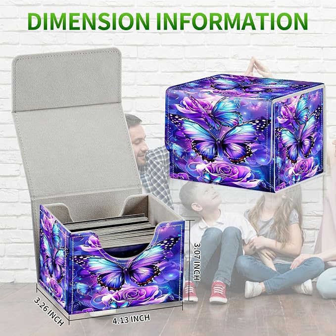 Card Deck Box for MTG, Cards Storage Box Fits 120+ Sleeved, Leather Small Size Strong Magnetic Closing Card Case for Board Games Magic TCG CCG Baseball Collection, Purple Butterfly Flower