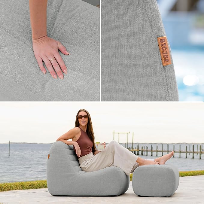 Big Joe Solvana Outdoor Lounge Chair and Ottoman, 2 Piece Patio Furniture Set, Performance Linen Weather-Resistant Fabric, Port Gray
