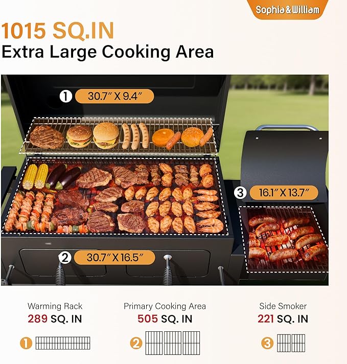 Sophia & William Extra Large BBQ Charcoal Grills and Offset Smoker,1015 SQ.IN. Cooking Area with Dual Lifting Charcoal Trays, Charcoal Barbecue Smoker Grill for Patio, Backyard Outdoor Cooking